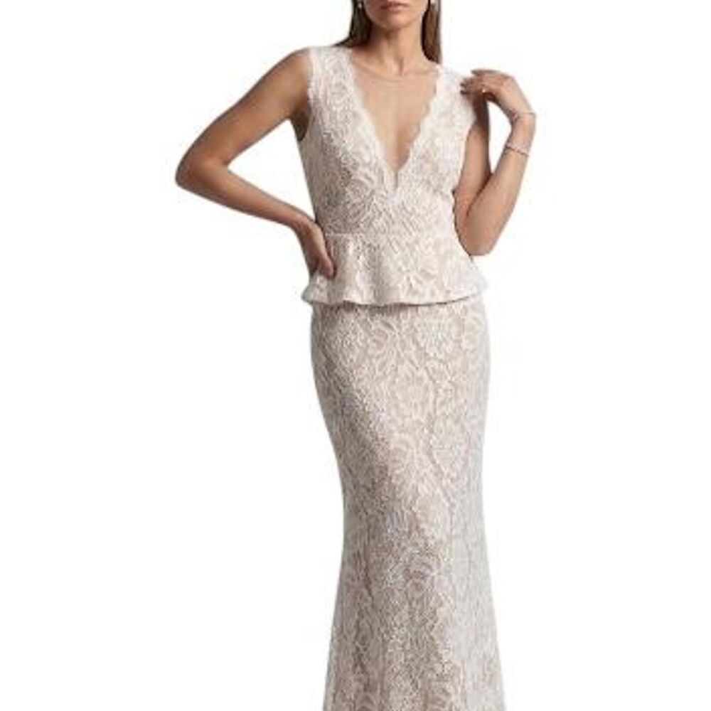 NWT Betsy & Adam White and Nude Bridal Maxi Peplum Dress sz 4